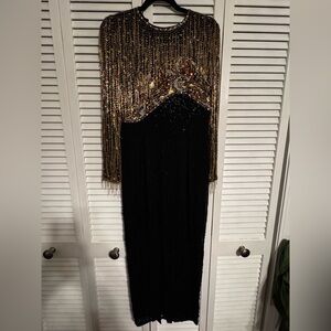 Vintage Oleg Cassini Silk Beaded Fringe Gown – Black/Gold – Sz 6